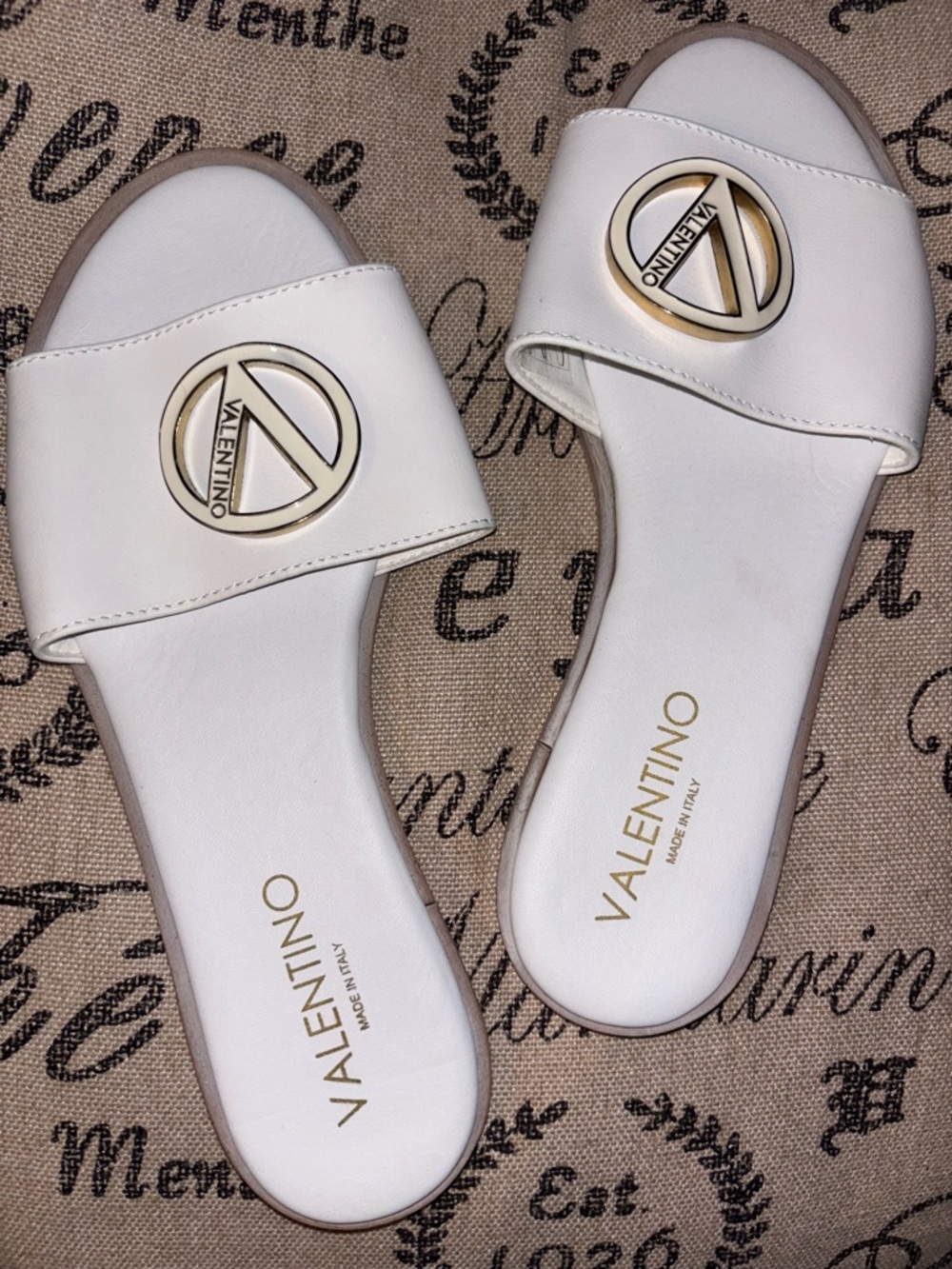 Valentino White Leather Slide Sandals with Gold Logo Medallions